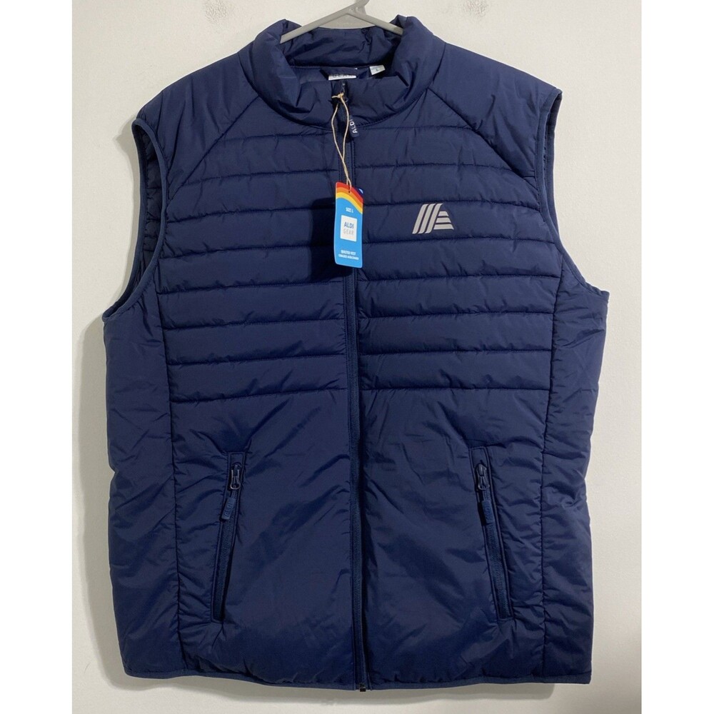 ALDI GEAR 2025 Men's L Blue Quilted Puffer Vest Pockets Logo Sleeveless NEW - Picture 2 of 9